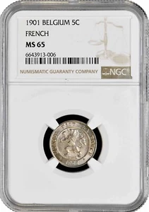 Belgium 5 centimes 1901 French, NGC MS65, "King Leopold I (1832 - 1865)" Pop 4/1 - Picture 1 of 2