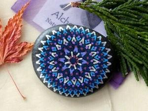 Hand Painted Alchemy Stone with Blue, Violet and Silver Complex Mandala Design - Picture 1 of 4
