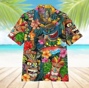Camisa Leefy Greens Hawaiian Tropic 3D Tiki Aloha - Ropa de playa tropical vibrante - Imagen 1 de 6