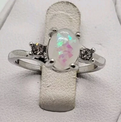 NWOT Faux Opal & Rhinestone Silver Tone Ring Size 6.5 Costume Jewelry  - Image 1 of 4