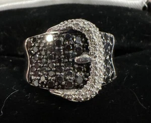 White & Black Diamond Buckle Ring In 14k White Gold Plated Sterling Silver - Picture 1 of 7