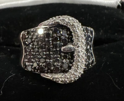 White & Black Diamond Buckle Ring In 14k White Gold Plated Sterling Silver - Image 1 of 4