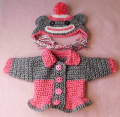 Doll Clothes Outfit, Crochet Sweater HPn Sck Monkey Sweater & Hat Fit 14.5" Doll - Image 1 of 3
