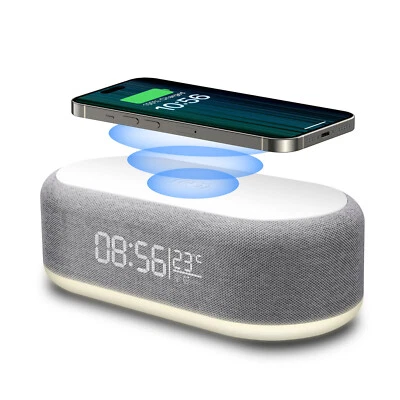Digital Alarm Clock 15W Phone Wireless Charger Thermometer Date LED Night Light - Image 1 of 4