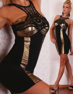 STUNNING PARTY STRETCH BODYCON LACE BLACK GOLD DRESS SIZE S M L / 429 - Picture 1 of 3