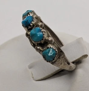 Antique Native Sterling Silver 4 Carved Turquoise Nugget Ring Size 5 3/4 - Picture 1 of 4