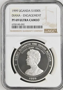 1999 UGANDA SILVER 1000 SHILLINGS DIANA - ENGAGEMENT - NGC PF69 ULTRA CAMEO - Picture 1 of 2