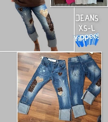 M  coole Jeans Hose destroyed  Pailletten  Nieten  Patches zum umschlagen - Bild 1 von 3