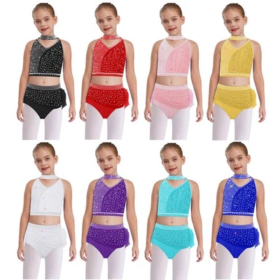Kids Girls Outfit Sparkly Costume Contemporary Dancewear Cross Back Leotard - Image 1 of 4