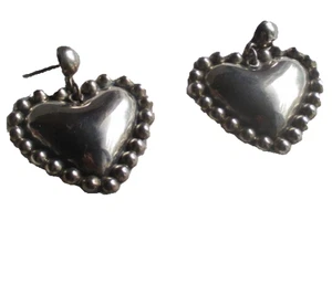 Pendientes Corazón Perforado Plata de Ley 925 México 1.25" H&W Vintage - Imagen 1 de 3