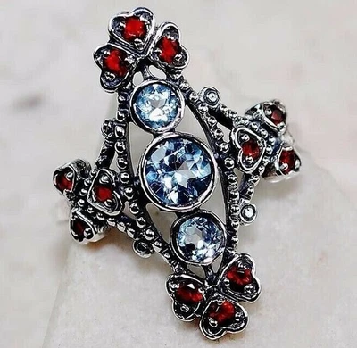 2CT Treated Ruby & Aquamarine 925 Sterling Silver Filigree Style Ring Sz 7 F6-2 - Image 1 of 2