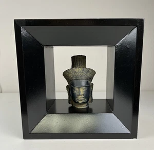 Khmer Thai Buddha Head Figure Hand Crafted Statue On Square Framed 3D Stand - Picture 1 of 7