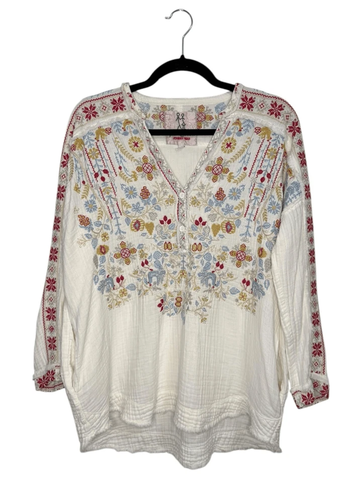 Blusa túnica pequeña Johnny Was Pete & Greta para mujer bolsillos colorida bordada Foto 1 de 4