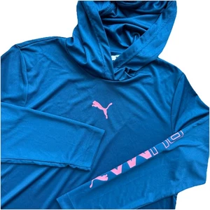 PUMA Women’s Lightweight Stretch Hoodie Shirt Blue/Pink Sz Medium Forever Better - Picture 1 of 7