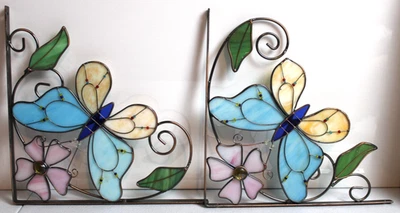 Vintage stained glass shelf brackets butterfly floral beaded Metal corner - Image 1 of 4