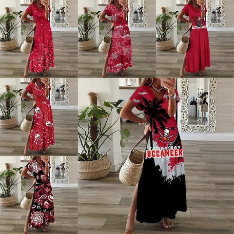 Tampa Bay Buccaneers High Slit Summer Beach Dress Short Sleeve Long Sundresses Cover
