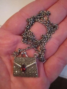 VINTAGE STERLING SILVER NECKLACE & PURSE PENDANT - GARNET & MARCASITES - BBA-10 - Picture 1 of 6
