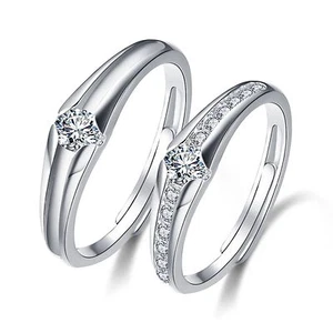 925 Solid Sterling Silver Classical Design  Promise Adjustable Open Couple Rings - Picture 1 of 6