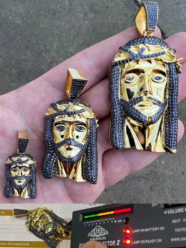 Black MOISSANITE 14k Gold Vermeil 925 Silver Iced Jesus Piece Pendant Necklace - Image 1 of 4