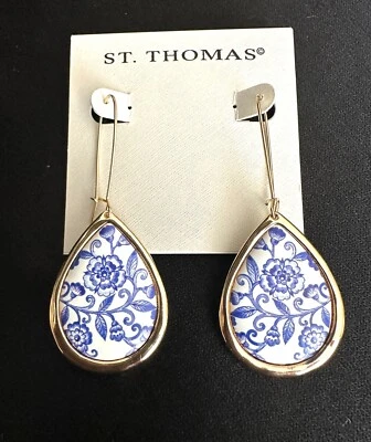 Pendientes lágrima de azulejos de cerámica florales St. Thomas blanco/azul Foto 1 de 3