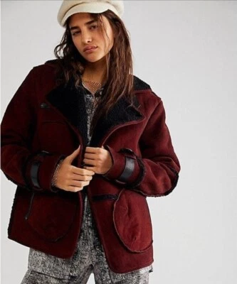 New Free People Cassidy Cozy Jacket SUEDE SHERPA $698 XS Burgundy & Black - Image 1 of 4