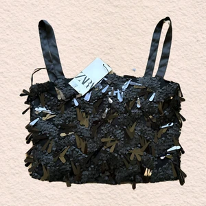 Neu! Zara Crop Top mit Paillettenapplikation schwarz Club Wear Gr. XS - Bild 1 von 9