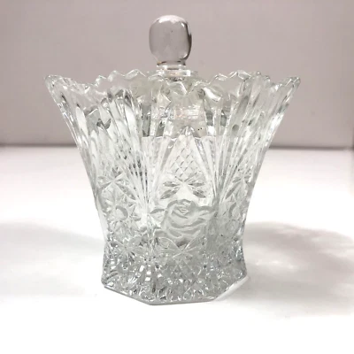 Cuenco de azúcar con tapa de vidrio de corte transparente Studio Nova vintage diente de sierra estrella rosa EVC Foto 1 de 4