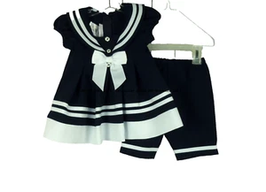 Bonnie Baby Girls 2pc Navy White Sailor Dress Bow and Bloomers 12M - Picture 1 of 3
