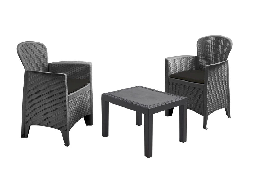 Rattan Gartenmöbel Set anthrazit - 2x Sessel + 1x Tisch - Balkon Set Sitzgruppe - Bild 1 von 1