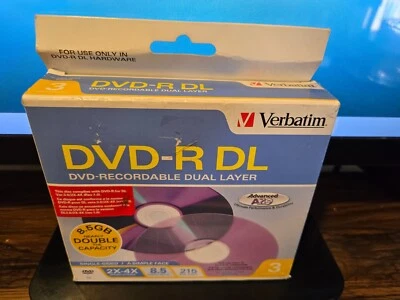 3-Pack Verbatim 8.5 GB 4X Speed DVD-R DL Dual Layer Recordable Discs NEW - Image 1 of 2