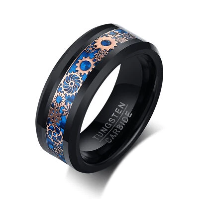 Anillo de boda de tungsteno con rueda de engranaje Steampunk de 8 mm para hombre incrustación de fibra de carbono tamaño 6-15 Foto 1 de 4