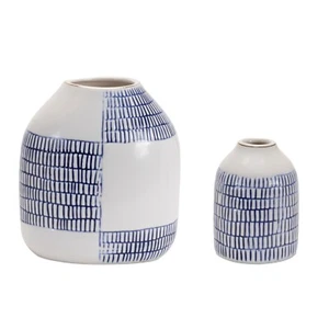 2 Pc Set Bud Flower Vase Etched Checkered White Blue Ceramic Art Shelf Display - Picture 1 of 8