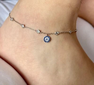 Anklet 2Ct Evil Eye Created Diamonds Women's Gift 14K White Gold Finish 9 Inch - Image 1 of 4