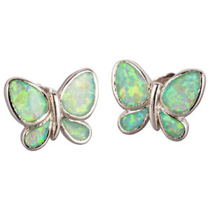 Butterfly Kiwi Green Fire Opal Silver Jewelry Stud Earrings