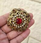 vintage filigree czech red ruby stones and pearls royalty brooch