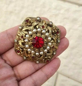 vintage filigree czech red ruby stones and pearls royalty brooch - Picture 1 of 7