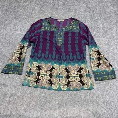 Blusa Figueroa & Flower para mujer grande púrpura verde azulado cachemira boho top manga larga Foto 1 de 4