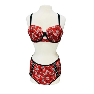 CURVY KATE 女式玛雅比基尼套装泳装 14 码 36DD 复古亚洲花卉海报 — 第 1/4 张图片
