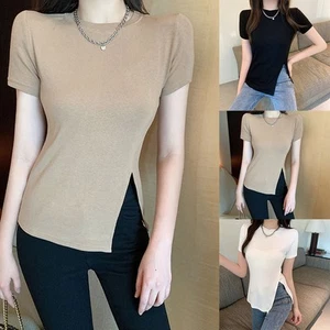 Trendy Women Summer Slit Design Short Sleeve TShirts for All Occasions - Picture 1 of 36