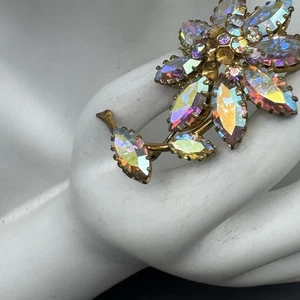 Austria AB Rhinestone Flower Brooch | 2.25” Aurora Borealis Floral Pin Signed - Picture 1 of 9