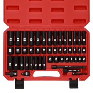 49PCS 3/8" Drive Impact Socket Set, (5/16"-3/4", 8mm-22mm), SAE/Metric, Deep ... - Picture 1 of 7