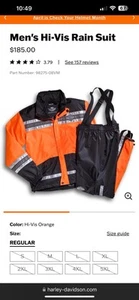 Harley Davidson Rain Suit Mens Sz LARGE Orange Hi-Vis 98275-08VM Stowable Hood - Picture 1 of 8