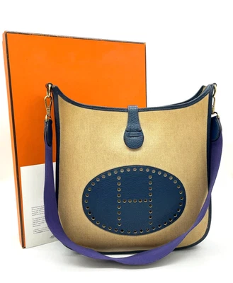 Auth Hermes Evelyne GM Toile Leather Brown x Navy Shoulder Bag W/Box SKS0345 - Image 1 of 4