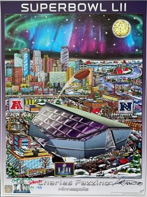 Charles Fazzino SUPERBOWL LII  Hand Signed Poster NFL Stamped Eagles Vs Patriots - Image 1 of 4