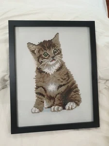 Bead Embroidered Cat Wall Art Beaded Glue On Framed - Picture 1 of 19
