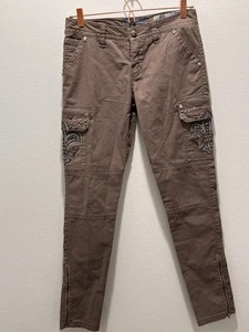 Miss Me Khaki Stretch Cargo Pant Embellished Pockets & Zipper Ankle Sz 27 CP1263 - Picture 1 of 13