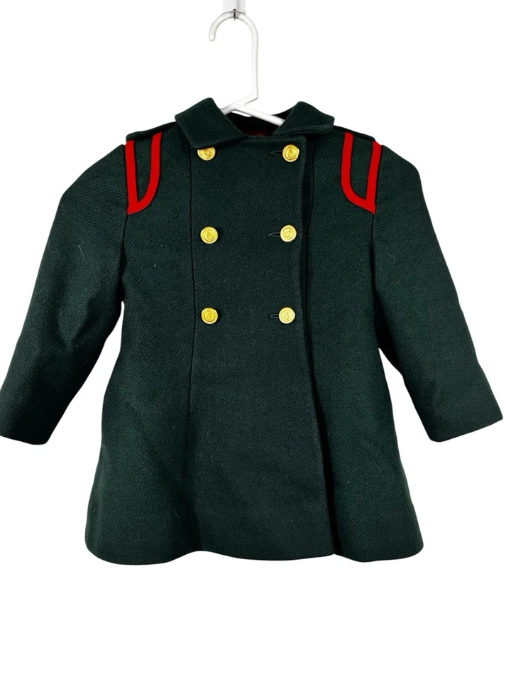 Vintage FW Fischer Union Made Green Red Wool Pea Coat Kids Girl Wool Gold Button - Image 1 of 4