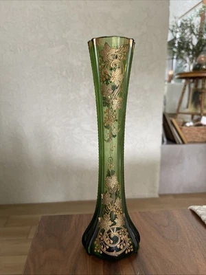 Moser Harrach Antique Bohemian Emerald  Glass Vase With Raised Gold Detailing - Image 1 of 4
