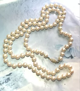 Vintage Faux Pearl Glass Necklace, Gold Tone Ornate Clasp-Marked Pat P 36" - Picture 1 of 6