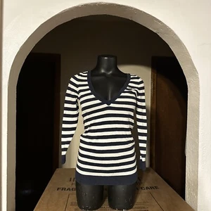 Hollister Brand Navy Blue & White Stripe V-neck Long Sleeve Medium Sweater - Picture 1 of 5